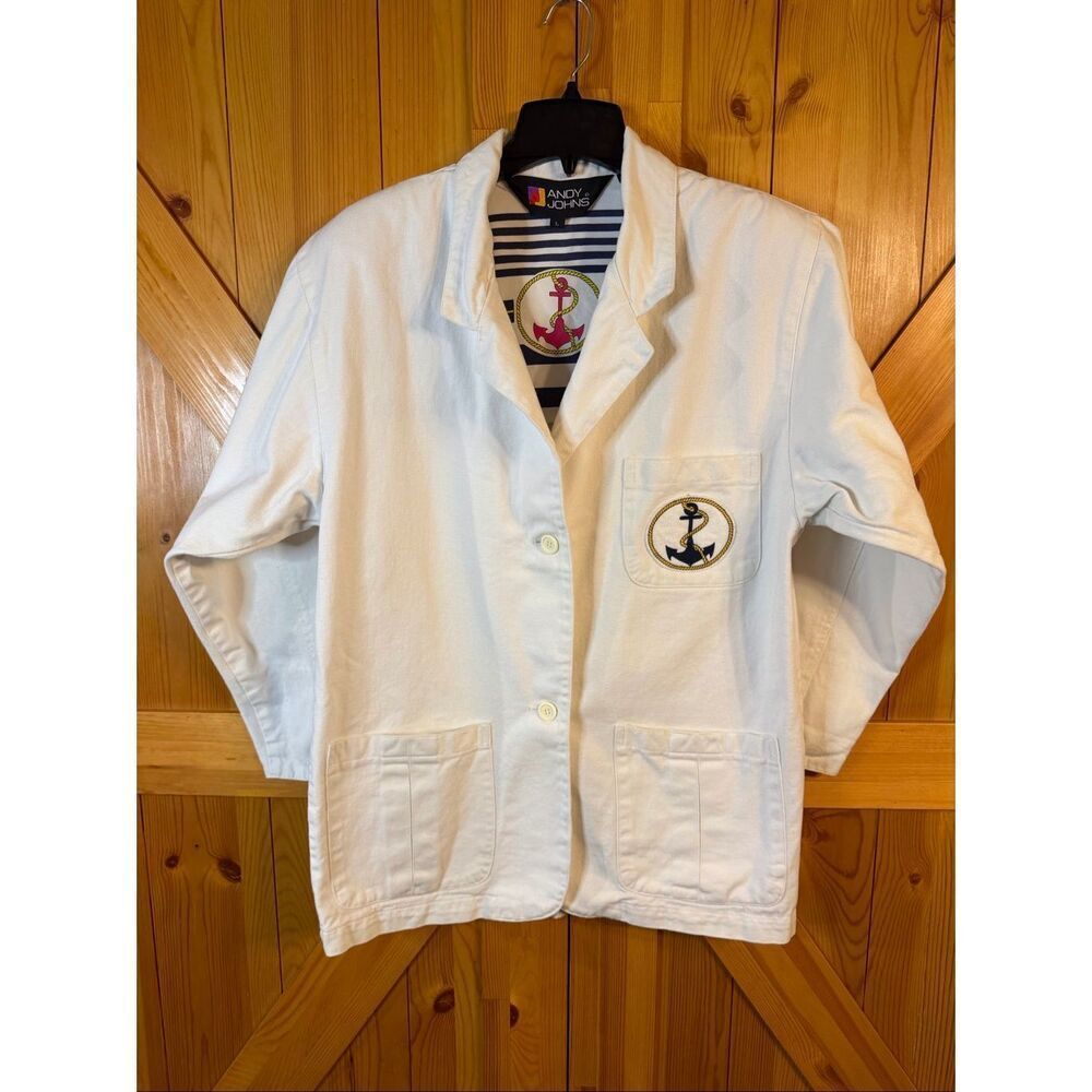 Vintage Andy Johns White Nautical Striped Cuffs Long Blazer Size Large (6682)